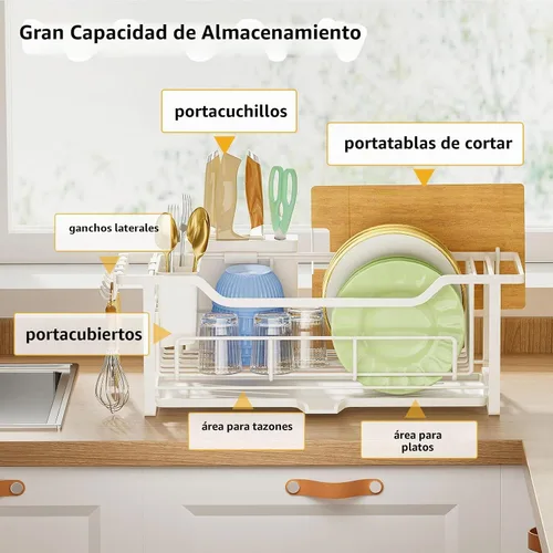Vista 4 de AIDERLY Escurridor estrecho de platos para encimera de cocina, drenaje automático, escurridor de platos de hierro con cesta extraíble