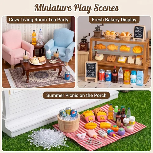Vista 4 de Dollhouse - Mini refrigerador de juguete con 90 piezas de mini juego de jugo de helado de comida, juguete de nevera en miniatura para casa