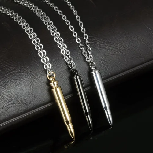 Vista 2 de collar con colgante de bala acero inoxidable pulido, urna conmemorativa para guardar cenizas