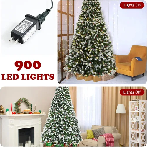 Vista 6 de Happygrill - Árbol de Navidad artificial preiluminado de 2.7 m con nieve, decoración de Navidad con 900 luces LED blancas cálidas preencordadas