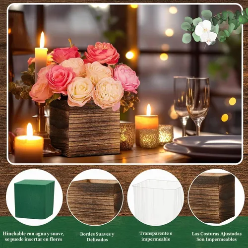 Vista 3 de Dandat Juego de 12 Macetas Cúbicas de Madera, Maceta Cuadrada de Madera Estilo Rústico con Forro de Plástico Desmontable, Bloques de Espuma Floral