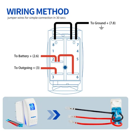 Vista 12 de Interruptor basculante blanco de 5 pines, luz LED azul de encendido/apagado, 20A/12V, 10A/24V, interruptor de palanca con cables de puente