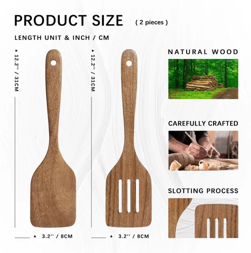 Vista 2 de Juego de 2 espátulas de madera para cocinar, espátulas de madera de 12 pulgadas con espátula de madera plana y espátula ranurada, utensilios