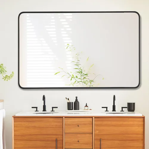 Vista 12 de Espejo rectangular de baño de 30 x 30 pulgadas con marco de metal negro, espejo rectangular de esquina redondeada para pared, moderno y grande