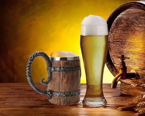 Vista 6 de Taza de cerveza de madera, barril de cerveza, taza vikinga grande estilo de madera, jarra de cerveza con asa, regalos antiguos para hombres, bares