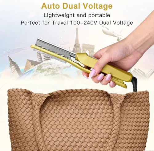 Vista 6 de Peine caliente de titanio en forma de V para pelucas y cabello negro natural, peine de presión de doble voltaje de 100-240 V con 3 ajustes de calor
