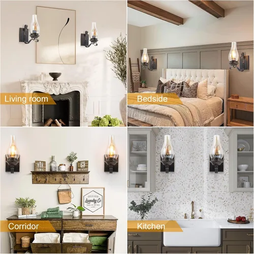 Vista 3 de Yisuro Aplique de Pared con Cable, Aplique de Pared de Bronce Cepillado con Cable para Interior, Lámparas de Pared Retro Rústicas con Vidrio Ámbar