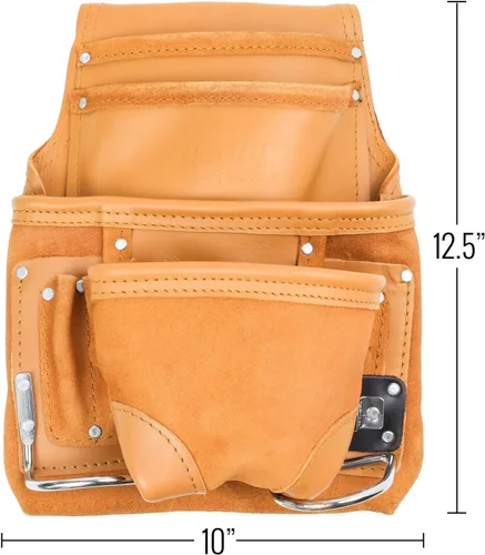 Vista 4 de Bolsa de herramientas de cuero resistente de 10 bolsillos para carpintería, electricista, herramientas de contratista, 12 x 10 pulgadas