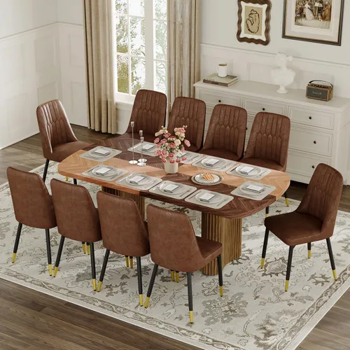 Vista 23 de Mesa de comedor extra larga de 78.7 pulgadas para 6-10 personas, mesa de cocina moderna con bases estriadas, mesa de comedor rectangular de granja