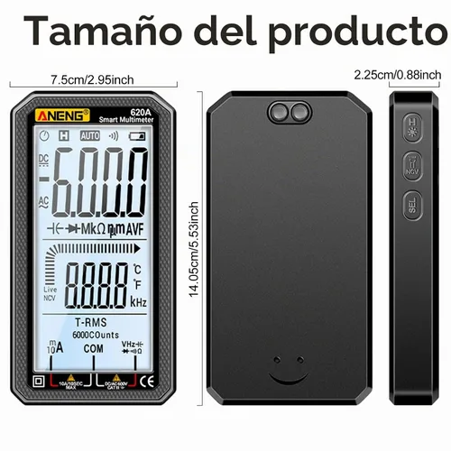 Vista 3 de Multímetro digital de 6000 cuentas, voltímetro de rango automático con LCD, mide corriente CA/CC, voltaje, temperatura de resistencia, para Negro