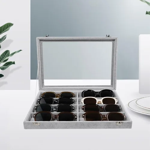 Vista 5 de Wudygirl Organizador de joyas, organizador de lentes de sol, bandeja de terciopelo con 8 ranuras, estuche para lentes de sol con tapa, estuche