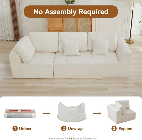 Vista 7 de Sofás seccionales modulares de 110 pulgadas para sala de estar, sofá seccional comprimido sin hueso, sofá de espuma viscoelástica tapizado de 3 Beige