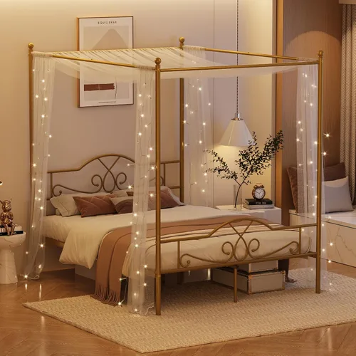 Vista 7 de Weehom - Base de cama con dosel tamaño queen con cabecera y estribo, base de colchón de plataforma metálica con cuatro postes, almacenamiento debajo