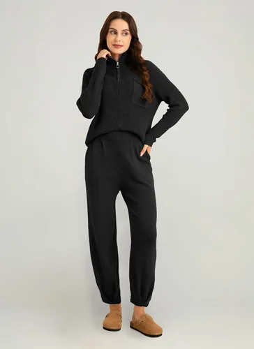 Vista 4 de softome Conjunto de 2 piezas para mujer, suéter de manga larga, con cremallera de 14, suéter de punto, pantalones casuales, conjunto de ropa