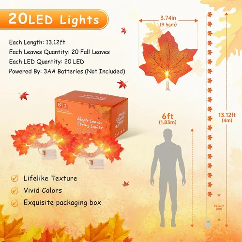 Vista 3 de Paquete de 2 decoraciones de otoño para el hogar, luces de otoño que funcionan con pilas, total de 20 pies, 40 luces LED de hoja de arce con cadena