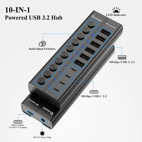 Vista 2 de Concentrador USB con alimentación, concentrador USB C de 10 puertos con 6 USB-A 3.2, 4 puertos USB-C 3.2, interruptores individuales y adaptador