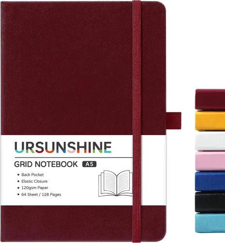 Vista 52 de Cuaderno punteado, diario, 5.3 x 8.26 pulgadas, tapa dura, prémium, papel grueso, doble espiral, bandas, cuero negro sintético, lazo para bolígrafo