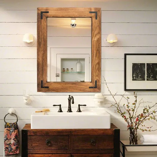 Vista 12 de YOSHOOT Espejo de pared con marco de madera rústica, espejo de tocador de baño de madera natural para decoración de granja, colgante vertical u Negro