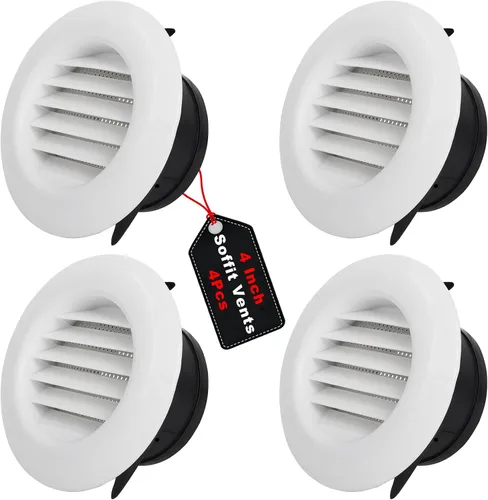 Vista 9 de Kit de cubierta de ventilación de escape Soffit de 4 pulgadas, pantalla de mosca incorporada, extraíble, paquete de 2 Air Vents Round Design for