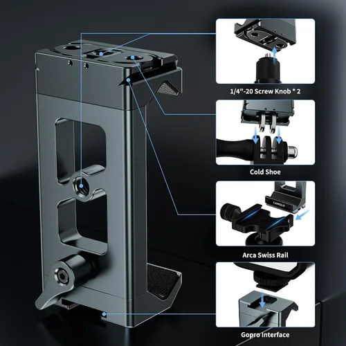 Vista 2 de Soporte de trípode de metal para teléfono, adaptador de puerto Arca y cámara de acción, adaptador de trípode ajustable para teléfono celular