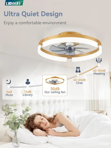 Vista 2 de LEDIARY Ventiladores de techo de bajo perfil de 19.7 pulgadas con luces y control remoto, 6 velocidades, 3 CCT, reversible, regulable, ventilador