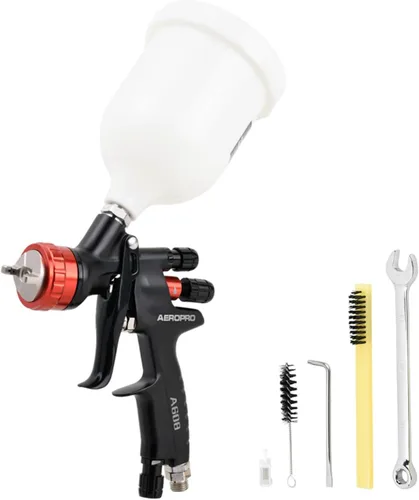 Vista 9 de AEROPRO Tools A608 HVLP - Kit de pistola pulverizadora de aire, boquilla de 1.3mm, regulador, 5 coladores de pintura, taza de 600cc, pistola