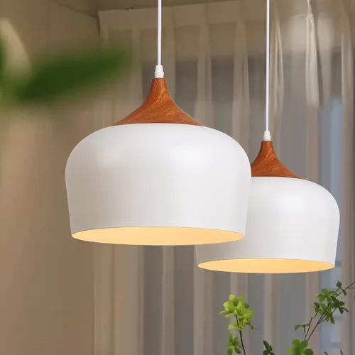 Vista 9 de SUNLLOK Lámpara colgante blanca moderna, con patrón de madera, cúpula minimalista hacia abajo, lámpara colgante de techo, lámpara industrial