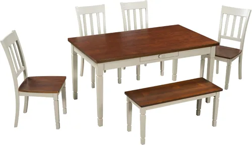 Vista 8 de Juego de mesa de comedor de madera de 60 pulgadas de largo con cajones pequeños, banco y 4 sillas de diseño ergonómico, juego de mesa de comedor