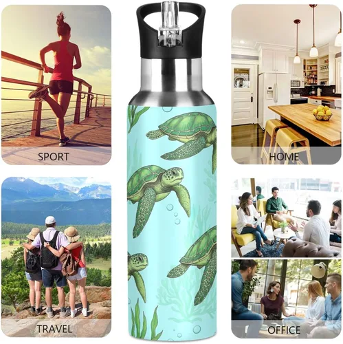 Vista 5 de Insulated Stainless Steel Water Bottle with Straw 32 Oz, Leakproof Water Bottles for Gym Outdoor Travel School, Green Sea Turtles