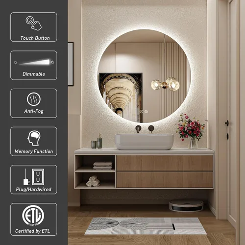 Vista 2 de Espejo Redondo Retroiluminado LED de 32 Pulgadas para Tocador, Espejo de Baño Iluminado Regulable 6000K Montado en Pared con Luces, Antivaho