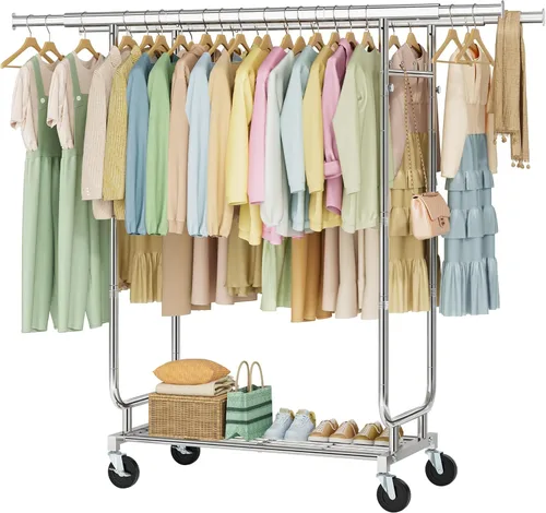 Vista 14 de Hoctieon Perchero de montaje de 1 minuto, 480 libras, percheros de ropa rodantes resistentes con ruedas, perchero plegable para ropa, barra Plata