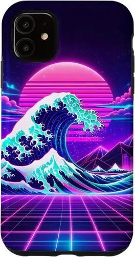 Vista 5 de iPhone 15 Futuristic Cyberpunk Vaporwave Synthwave Great Wave Hokusai Case