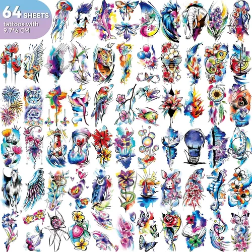Vista 3 de EMOME 79 hojas de tatuajes temporales realistas para mujeres, tatuajes falsos de brazo de acuarela para niñas, tatuajes temporales de larga duración