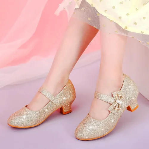 Vista 2 de Dufannie Zapatos de vestir para niñas, zapatos de tacón bajo de princesa, zapatos planos con purpurina para bodas y fiestas