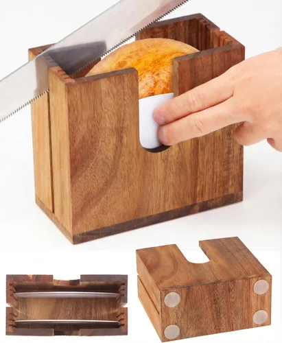 Vista 8 de Soporte de corte de bagel ajustable Soporte de corte de bagel de bambú con ranuras ajustables de ancho para bagels pequeños y grandes, bollos