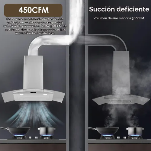 Vista 4 de Campana extractora de pared curva de vidrio de 30 pulgadas con 450 CFM de acero inoxidable, convertible sin conductos/con conductos con extractor