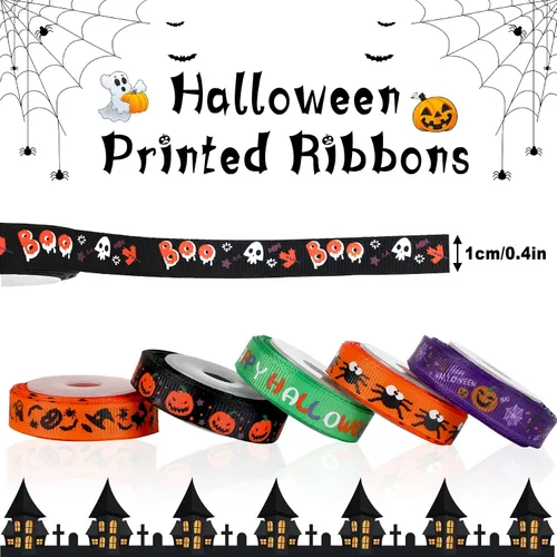 Vista 2 de SANNIX 18 rollos de cinta de Halloween de 90 yardas, cintas de grogrén impresas de 3/8 pulgadas de ancho, tela de manualidades para decoración