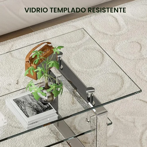 Vista 11 de IKIFLY Mesa de centro de cristal con tablas de vidrio de 2 niveles y patas de metal resistentes, mesa auxiliar rectangular de vidrio transparente