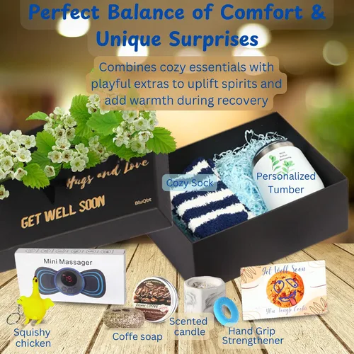 Vista 2 de Regalos para hombres y mujeres, paquete de cestas de regalo BluQbt Care para recuperación de cirugía de quimioterapia para amigos enfermos, muestra