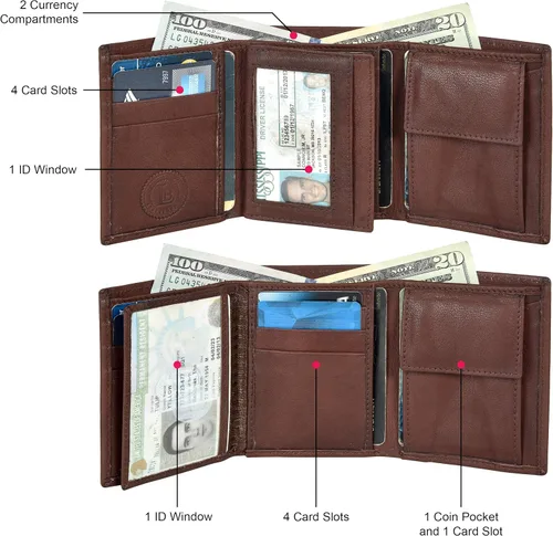 Vista 4 de Billetera delgada y compacta con solapa para niños y bolsillo para monedas, Café Oscuro, 3.3 4" x 3", Cartera triple