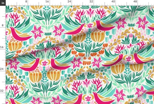 Vista 2 de Spoonflower Tela - Pájaros coloridos rosa verde bohemio botánico floral impreso en tela de gasa Fat Quarter - Ropa de moda de costura Vestidos