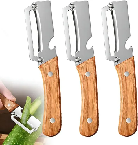 Vista 8 de Pelador de verduras multifuncional, hoja de acero inoxidable con mango de madera para frutas y verduras (1 unidad)