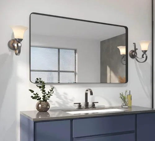 Vista 11 de Espejo de baño moderno con marco negro para pared, espejo redondo rectangular de 30 x 22 pulgadas, espejo de tocador de baño negro mate, espejo
