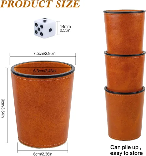 Vista 4 de Juego de tazas de dados con forro de fieltro de cuero PU de Reriver, 6 tazas silenciosas mezcladoras de dados con 36 dados para juegos de Bar Party