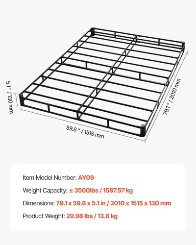 Vista 8 de VEVOR Base de cama tamaño Queen con tela lavable, marco de metal resistente para cama Queen, base de colchón de 5.1 pulgadas, capacidad máxima