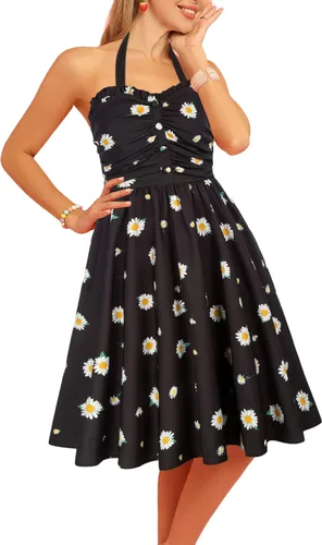 Vista 3 de Belle Poque Vestido floral vintage para mujer, vestido de verano con tirantes delgados, vestido fruncido y acampanado, vestido midi con vuelo