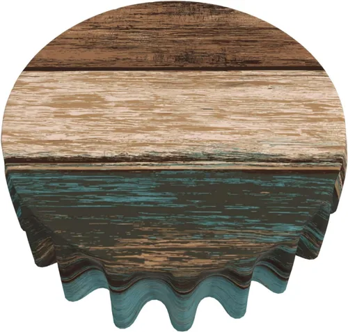 Vista 6 de Mantel rústico de madera para mesa redonda de estilo campestre, mantel de cocina y comedor turquesa, lavable, para decoración, 60x90 pulgadas