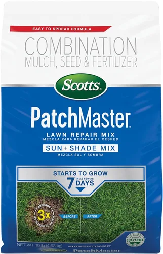Vista 9 de Scotts PatchMaster - Mezcla de reparación de césped Sun + Shade Mix, combinación de semillas de hierba, fertilizante y mantillo, 4.75 libras