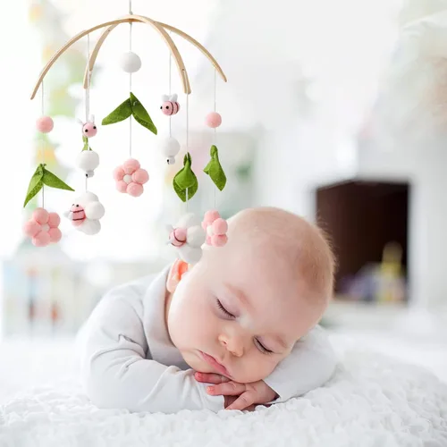 Vista 7 de OESSUF Móvil de bebé para cuna, móvil de guardería para cuna para niños y niñas, decoración de guardería con flor de abeja boho, juguete calmante