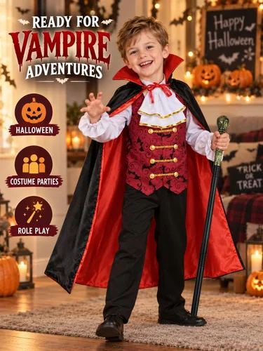 Vista 4 de Disfraz de vampiro para niños, con capa de vampiro y cetro, disfraz gótico de vampiro real para niños, Halloween